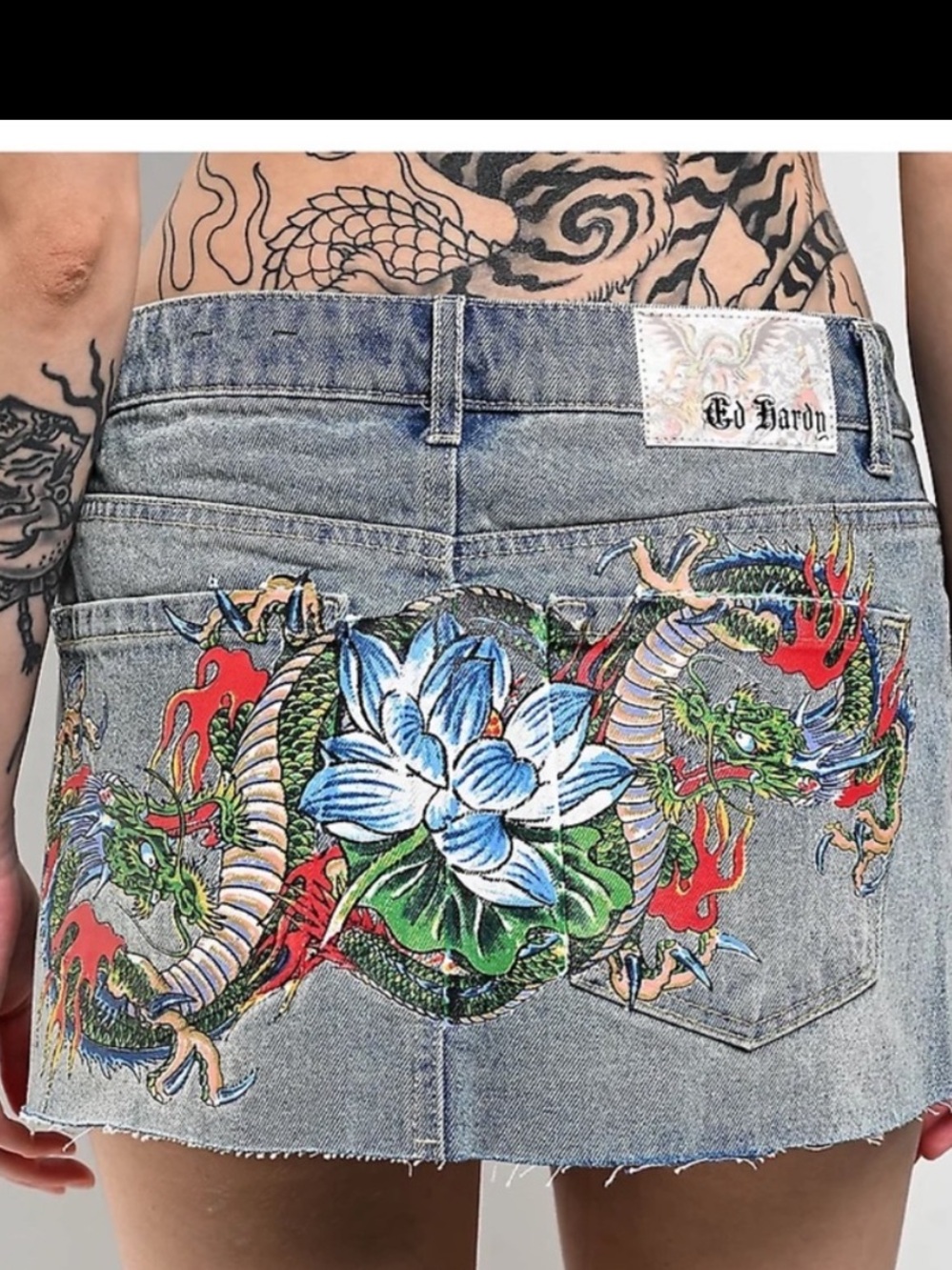 ✨Ed Hardy Dragon Lotus Tattoo Denim Mini Skirt Y2K Light Wash L